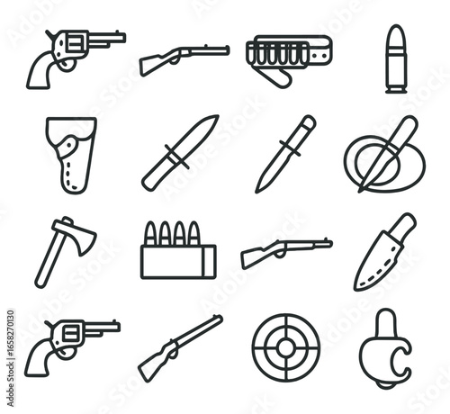 Linear weapons icon set featuring revolver, rifle, bullet, knife, axe, holster, and target symbols