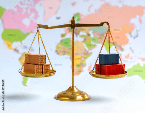 Global Trade Balance: Scales with Shipping Containers on World Map Background