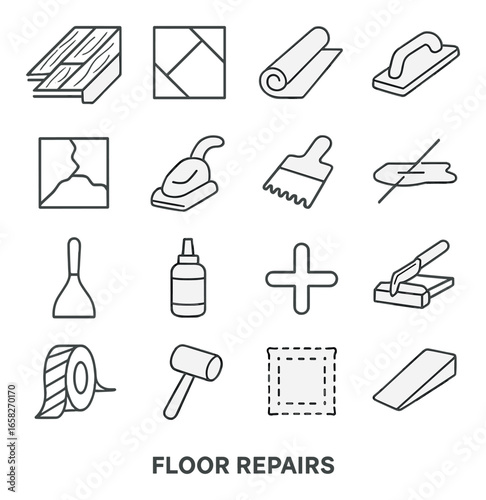 Silhouette floor repair icon set featuring wood, tile, carpet, vacuum, trowel, and adhesive tools
