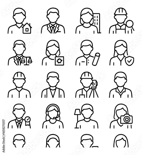 Linear professions icon set featuring architect, engineer, lawyer, scientist, doctor, and photographer symbols