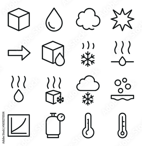 Linear climate control icon set featuring cube, drop, cloud, sunburst, arrow, thermometer symbols