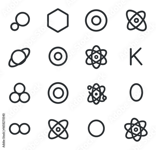 Linear science icon set featuring atom, molecule, electron, nucleus, proton, and neutron symbols