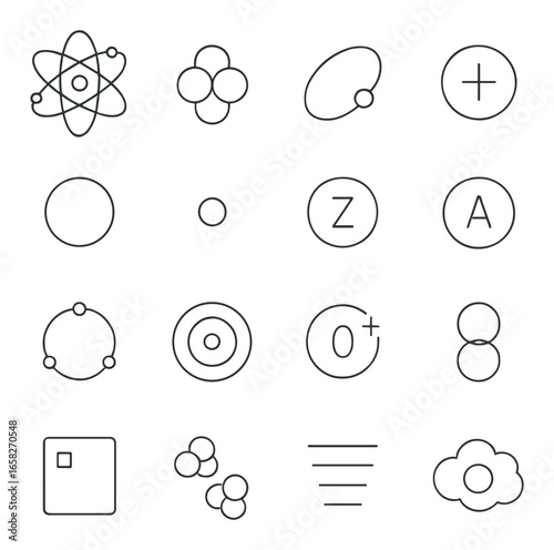 Linear science icon set featuring atom, molecules, nucleus, electron, element, and particle symbols
