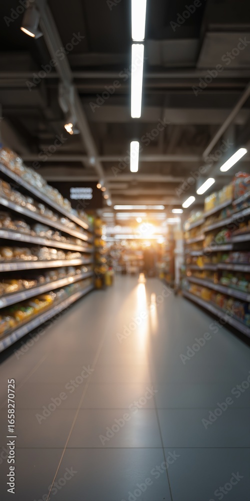 Empty supermarket aisle in soft focus with sunset lighting Empty supermarket aisle in soft focus with sunset lighting