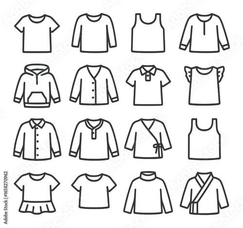 Linear clothing icon set featuring t-shirts, hoodies, jackets, polo shirts, and sweaters