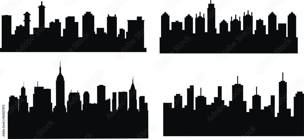 Obraz premium city skyline silhouettes of United States of America vector design. black city silhouette. Buildings silhouette architecture metropolis. Night town skyline icons