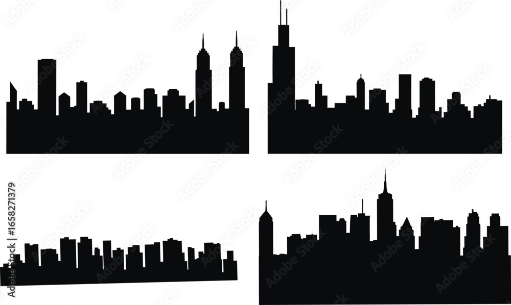 Naklejka premium black city silhouette. Buildings silhouette architecture metropolis. Night town skyline icons