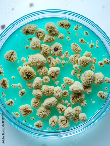 Petri dish with fungal colonies, teal color, for research. Image represents Aspergillosis Day. Disease mold laboratory with colonies, microbiology, healthcare. Healthcare professionals, doctors