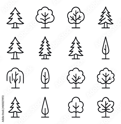Linear nature icon set featuring pine, oak, willow, spruce, and birch tree symbols