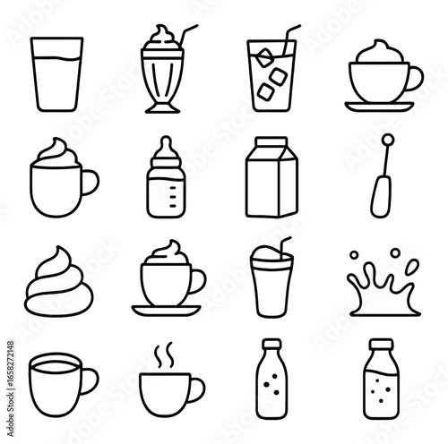 Linear beverage icon set featuring milkshake, coffee, juice, baby bottle, splash, and milk carton symbols