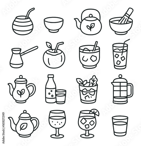 Linear beverage icon set featuring coffee, tea, juice, wine, and cocktail symbols
