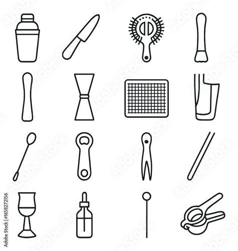 Linear bartender icon set featuring shaker, knife, strainer, muddler, bowtie, tray, jigger, and juicer symbols