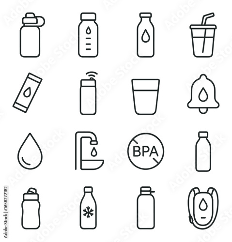 Linear water bottle icon set featuring flask, droplet, bpa free, notification, glass, and hydration symbols
