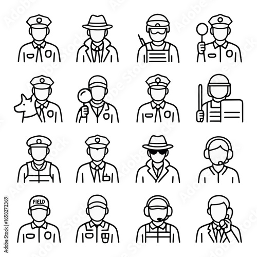 Silhouette police icon set featuring officer, detective, radio, magnifying glass, k9, riot gear