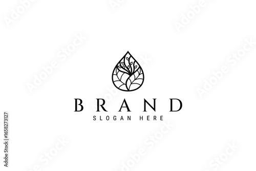 abstract leaf logo with droplet shape combination in line art design style