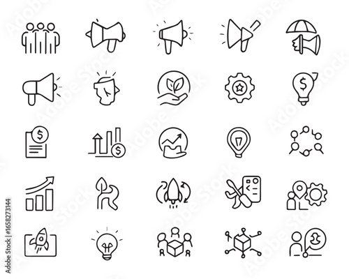 Set of outline icons related to startup. Linear icon collection