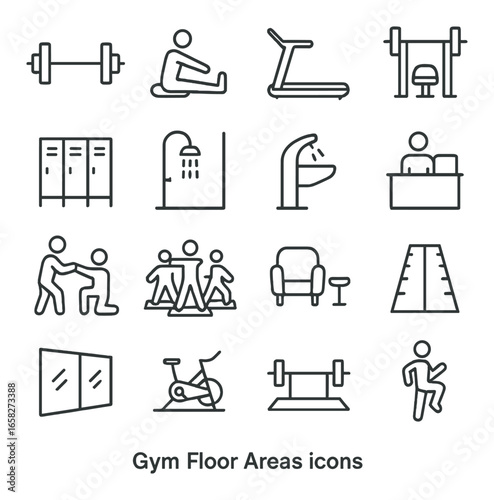 Linear gym floor icons set featuring dumbbell, treadmill, shower, fountain, lockers, and spinning bike symbols