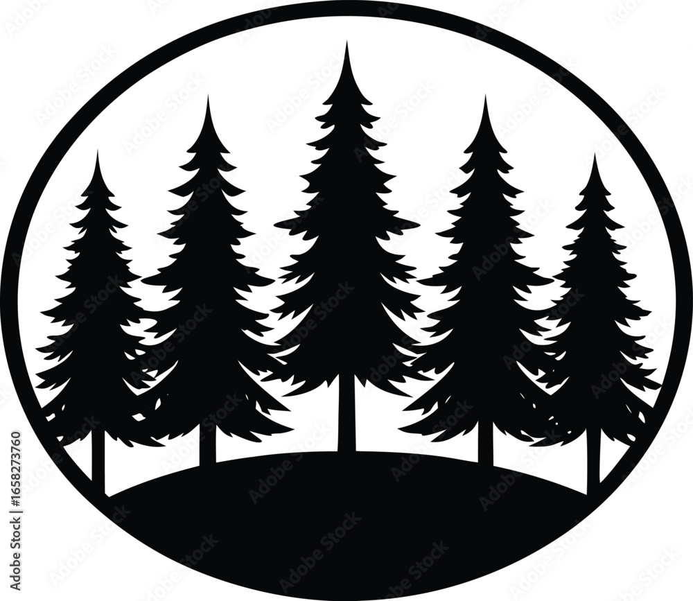 Obraz premium Minimalist pine forest silhouette with striking evergreen trees isolated on white background