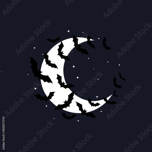 A swarm of black bat silhouettes flying around a white crescent moon and stars on a dark night sky.