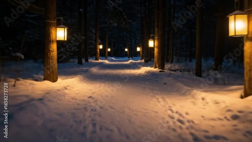Snowy Forest Path Illuminated by Lanterns – Magical Winter Night Scene with Warm Light and Mist