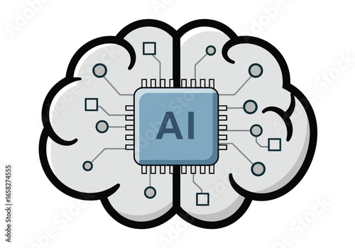 Vector illustration of conceptual illustration of a brain with ai text on a central chip, symbolizing artificial intelligence and its integration with human cognition