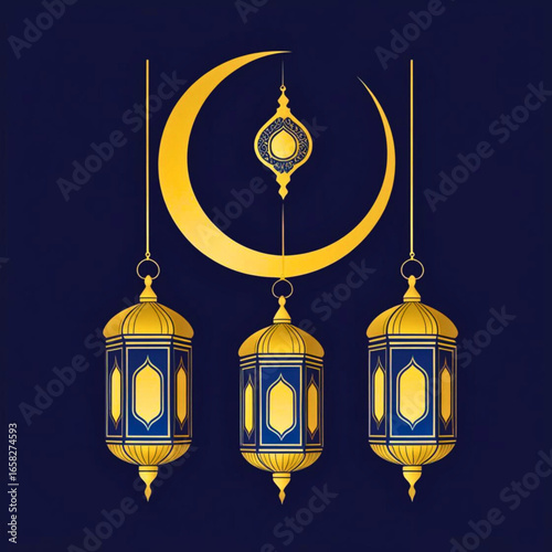 Golden crescent moon and ornate lanterns vector illustration for islamic celebrations and ramadan