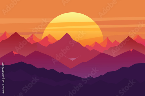 Abstract landscape of mountains with vibrant sunset in shades of orange and purple.