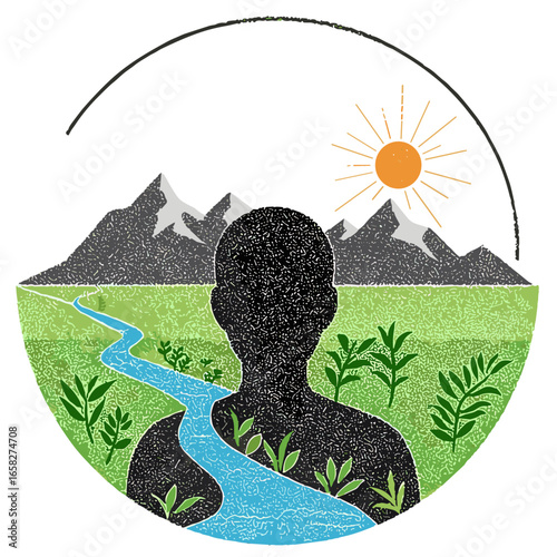 Illustration in exclusive colored dot style of a human silhouette filled with natural landscapes
