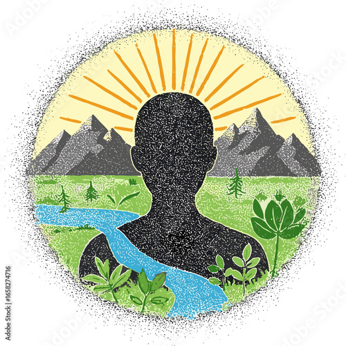 Illustration in exclusive colored dot graphic style of a human silhouette filled with nature
