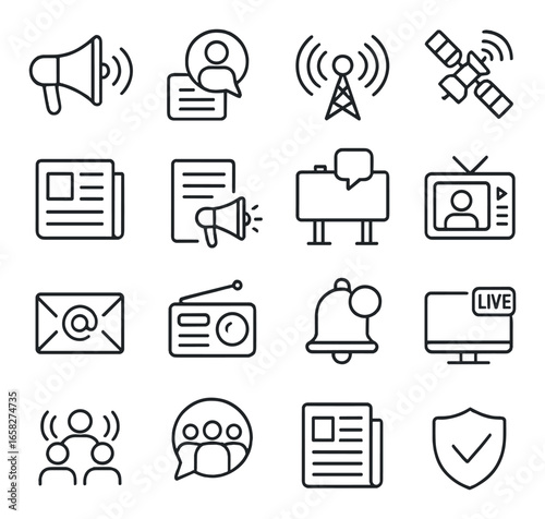 Linear communication icon set featuring megaphone, chat, satellite, news, email, radio, and tv symbols