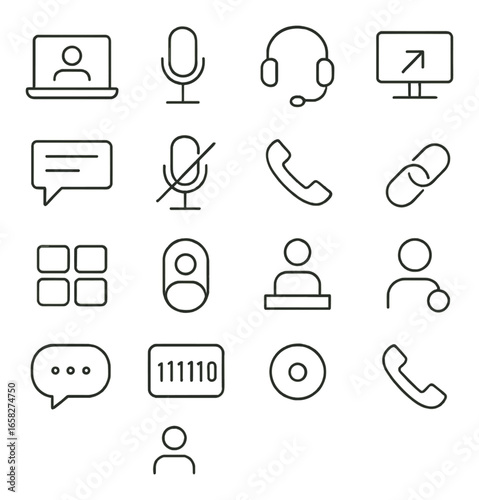 Linear communication icon set featuring laptop, microphone, headset, monitor, chat, phone, link, and contact symbols