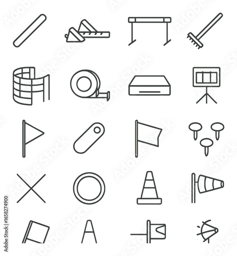 Linear sports icons set featuring hurdle, tape, platform, and wind vane symbols