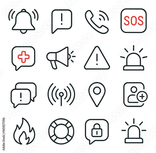 Linear emergency icon set featuring alarm, sos, call, first aid, warning, and location symbols