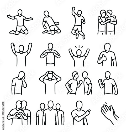 Linear celebration icon set featuring soccer, victory, applause, teamwork, joy, emotion, and unity symbols