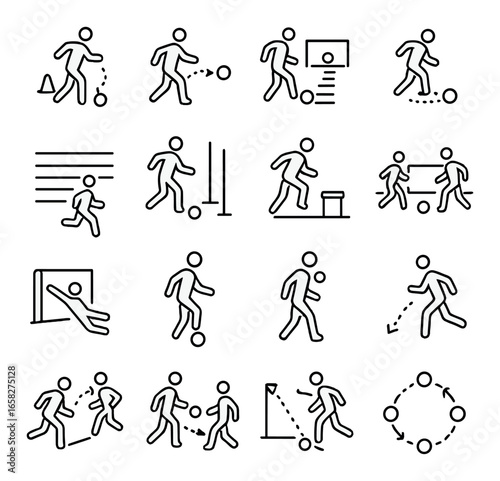 Linear sports icons set featuring soccer, basketball, running, fitness, and teamwork symbols