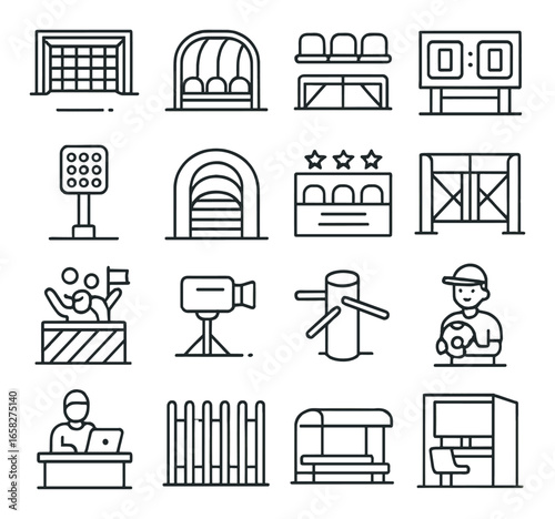 Linear sports icon set featuring stadium, scoreboard, camera, fan, seating, security