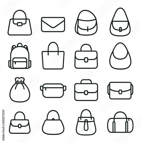 Linear bag icon set featuring handbag, envelope, backpack, tote, bucket, and briefcase symbols