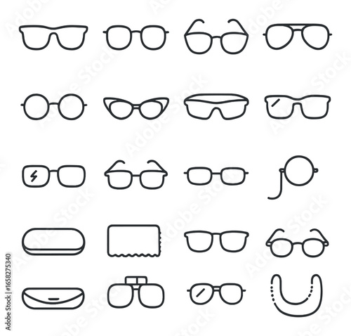 Silhouette glasses icon set featuring sunglasses, aviators, round, cat-eye, and eyeglass case designs