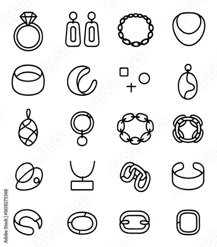 Linear jewelry icon set featuring rings, earrings, necklaces, bracelets, pendants, and brooches