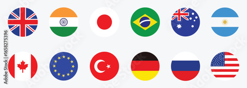National flags set. Different countries national Flags. Flags collection of India, Brazil, England, America, Australia, Russia, Mexico, Canada, Argentina, Nederland, United Kingdom.