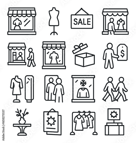 Linear shopping icon set featuring store, mannequin, sale, checkout, gift, and fashion symbols