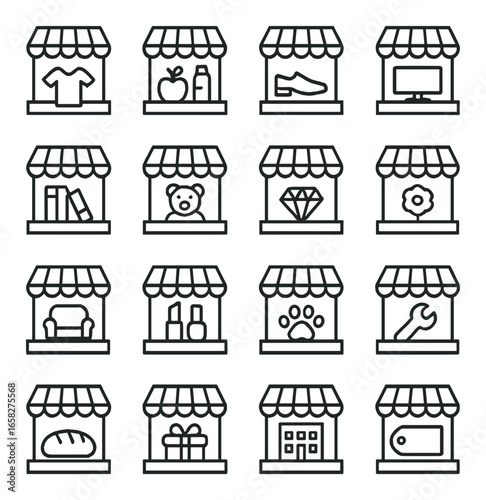 Linear shopping icon set featuring clothing, groceries, shoes, electronics, books, toys, jewelry, and more