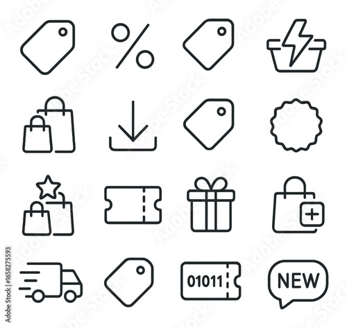 Linear ecommerce icon set featuring tags, shopping basket, discount, delivery, gift, and download symbols