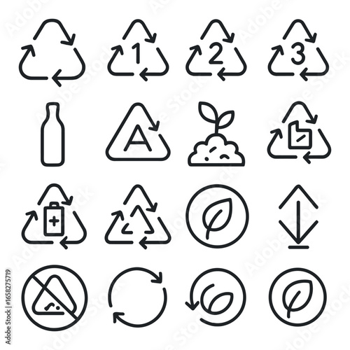 Linear recycling icon set featuring reduce, reuse, compost, glass, and eco-friendly symbols