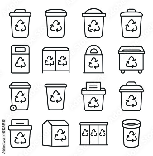 Linear recycling icon set featuring bins, containers, waste, eco, plastic, paper, and compost symbols