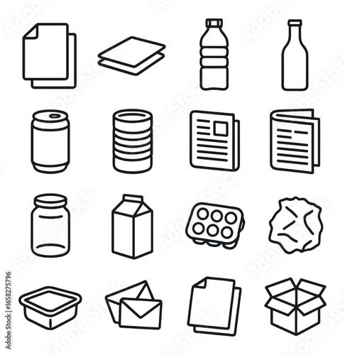 Linear recycling icon set featuring paper, plastic bottle, can, newspaper, box, milk carton, and glass jar
