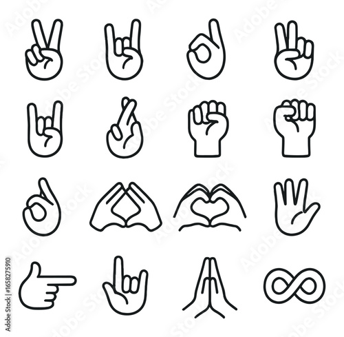 Linear hand gesture icon set featuring peace, rock, ok, fist, crossed fingers, prayer, infinity