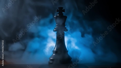 Black Chess King in Blue Mist – Symbol of Power and Strategy in Dramatic Lighting