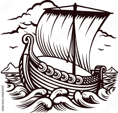 Detailed hand drawn viking longship sailing on wavy sea with billowing sails and mountains in background