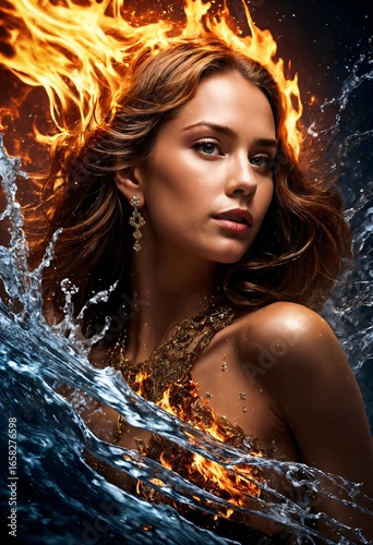 Portrait of a mystical goddess with fiery glowing hair, surrounded by water waves and sparks of flame